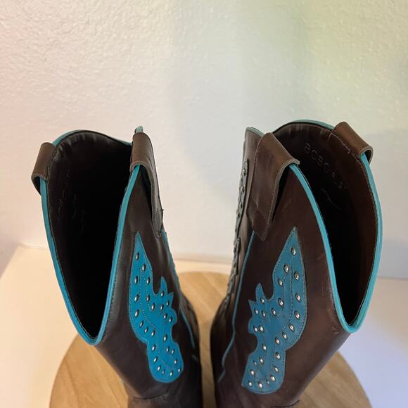 BCBG Y2K Brown Genuine Leather Studded Western Turquoise Boots Size 8.5 - Picture 7 of 16